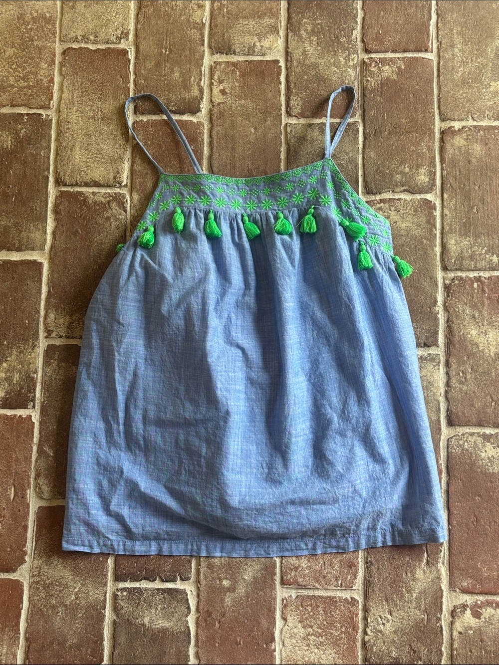 Boden Blue Chambray Tank with Bright Green Tassels
